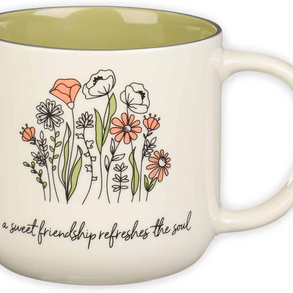 Ceramic Coffee Mug 15 oz Floral Sage Green Inspirational Scripture Friends